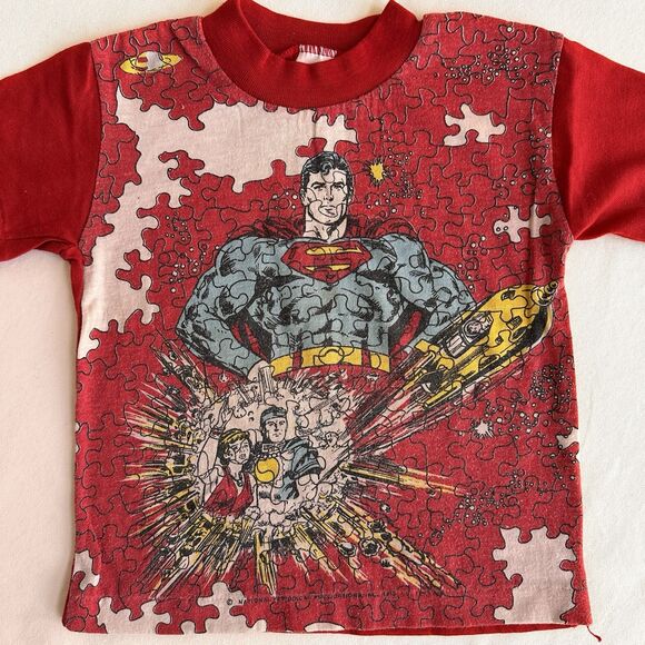 Vintage Superman Rob Roy Boys T Shirt Puzzle Graphic Red DC Comics USA Kids - Picture 3 of 8